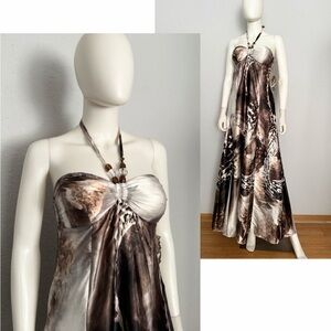 NWT Halter Neck Maxi Flowing Dress Smocked Back Abstract Animal Print Satin Gown